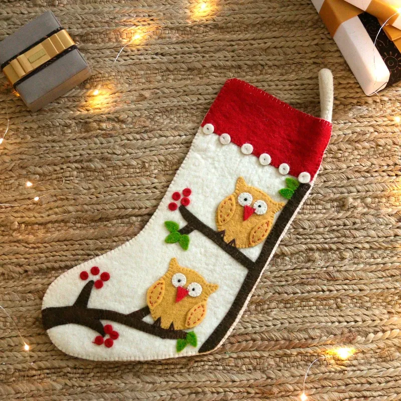 Handmade Applique Wool Felt Owl-Themed Christmas Stocking, 'Holiday Magic'