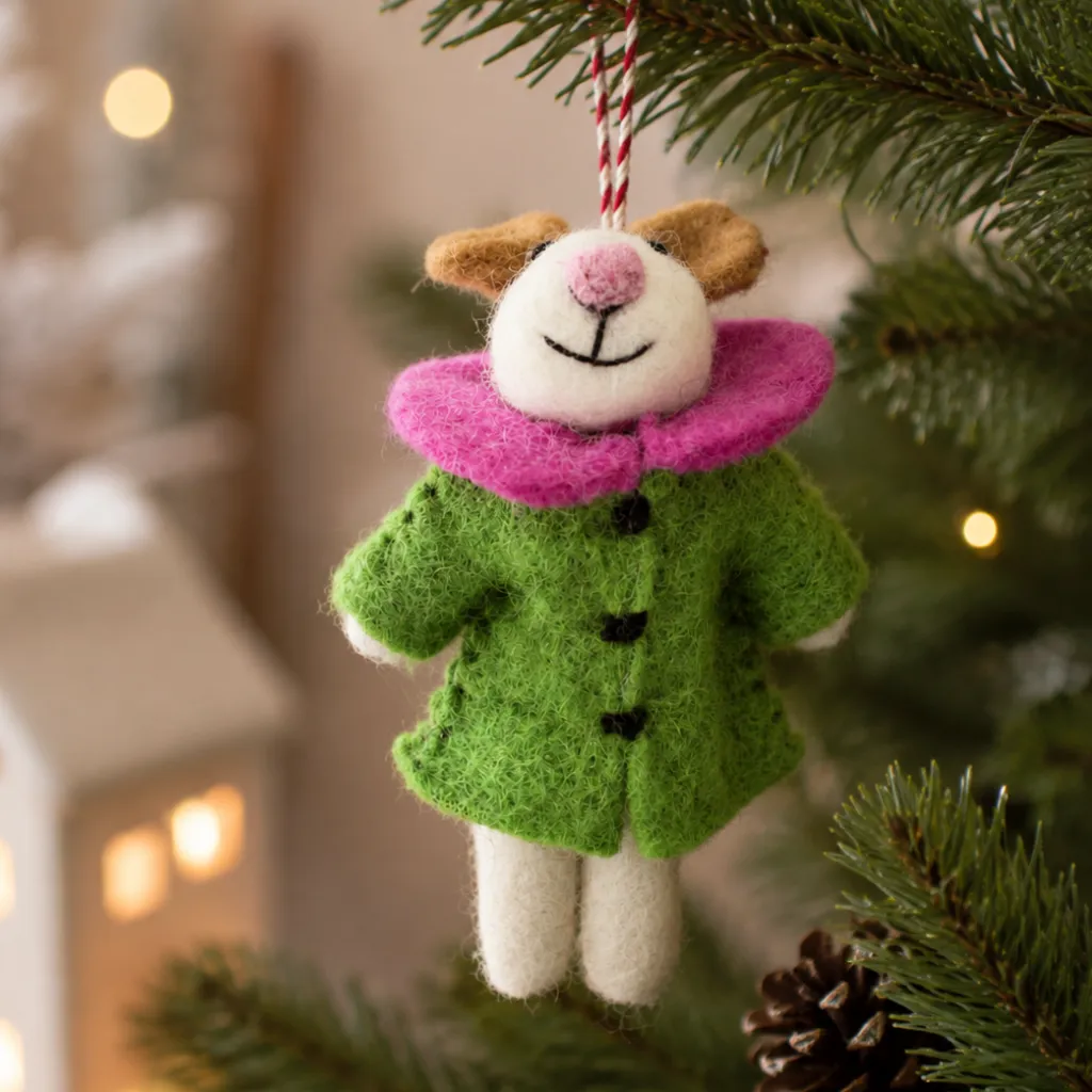 Handmade Felt Christmas Mouse with Green Coat and Pink Collar – Kriti Craft