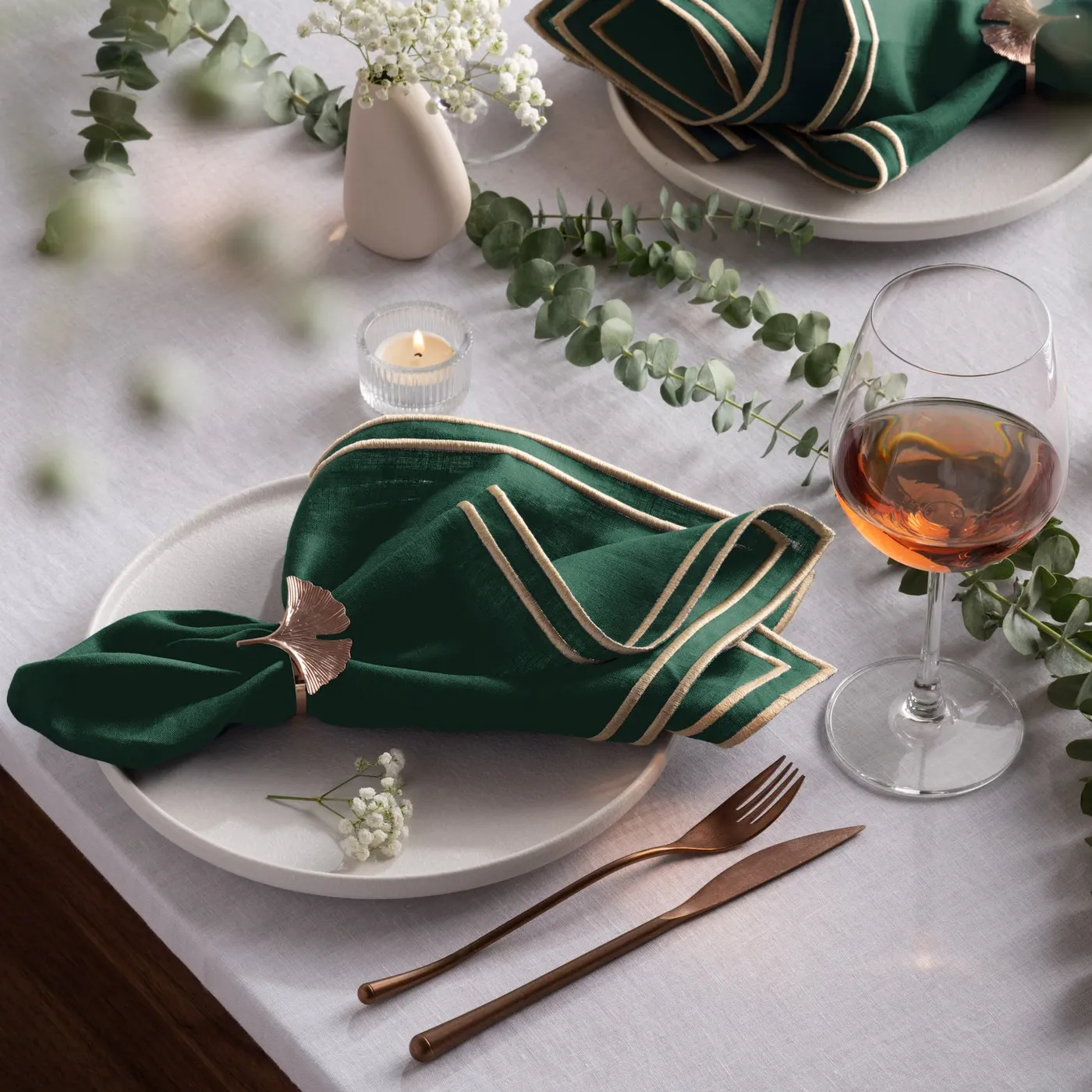 Haute Linen Napkins | Gold Embroidered Edge | Set of 4, 20 x 20 inch | O'lucio Home