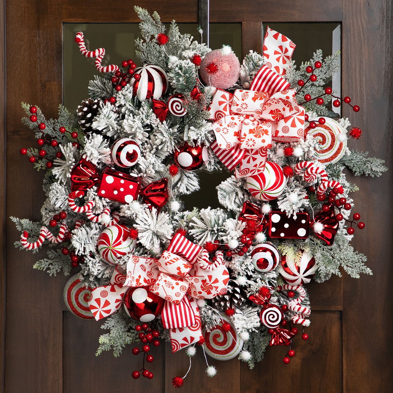 Heavily Flocked Pine with Candy Cane Striped Ornaments Christmas Wreath -  28' - Unlit | Christmas