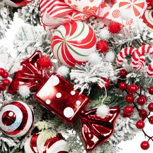 Heavily Flocked Pine with Candy Cane Striped Ornaments Christmas Wreath -  28' - Unlit