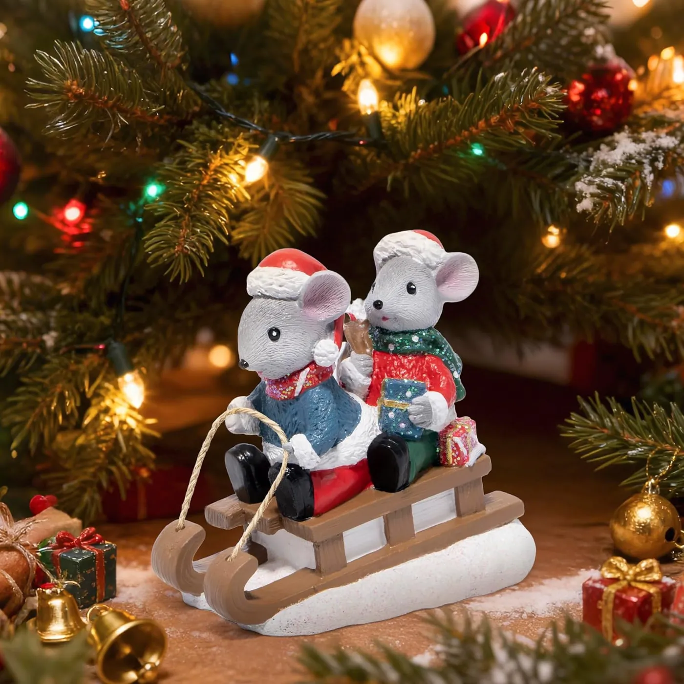 Hodao Christmas Mouse Figurines with Sleigh – Adorable Holiday Decorat