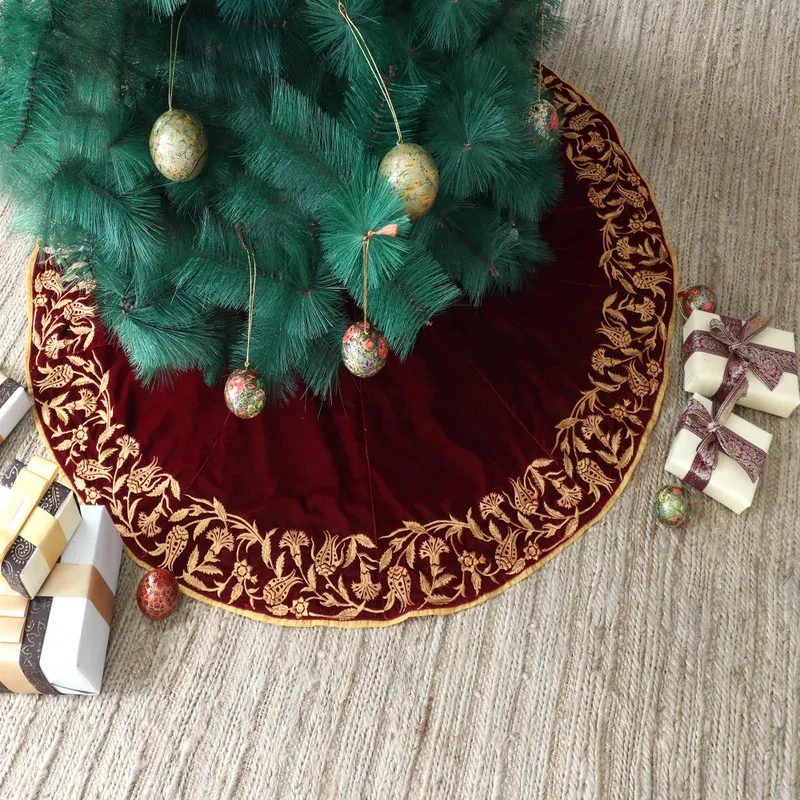 Holiday Decor Tree Skirt Velvet Embroidered Burgundy Velvet Holiday Tree  Skirt, 'Silent Nights'