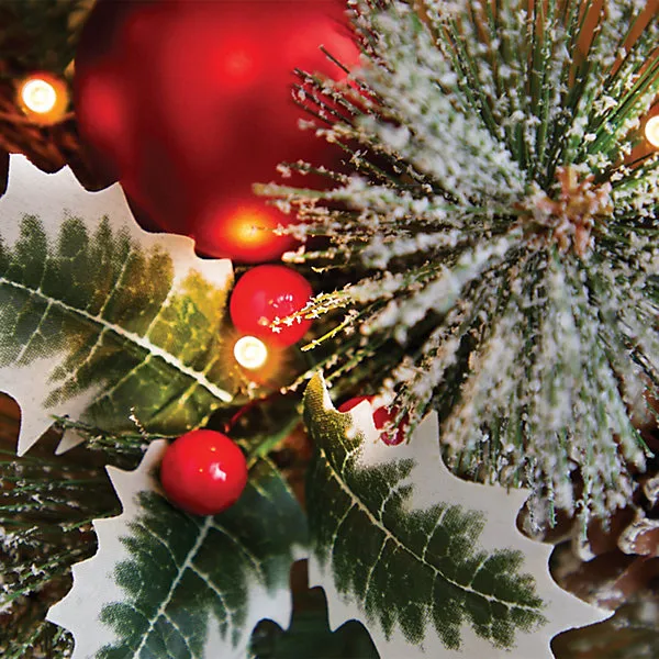 Holly & Berry Pre Lit Wreath 40cm with Red Baubles Velvet Bow Warm White  LEDs Indoor