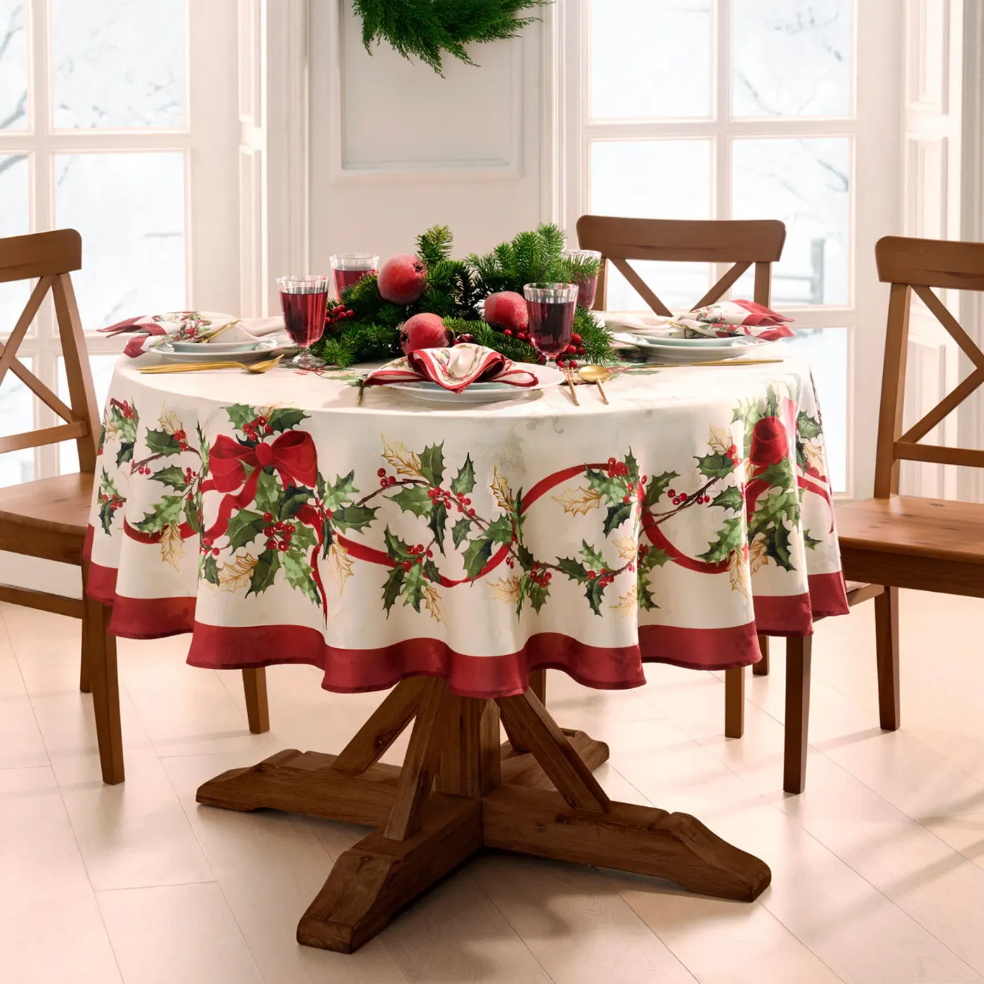 Holly Berry Tablecloth | Hand Block Linens – Pomegranate Christmas holiday  tablecloth creamy white holly berries red