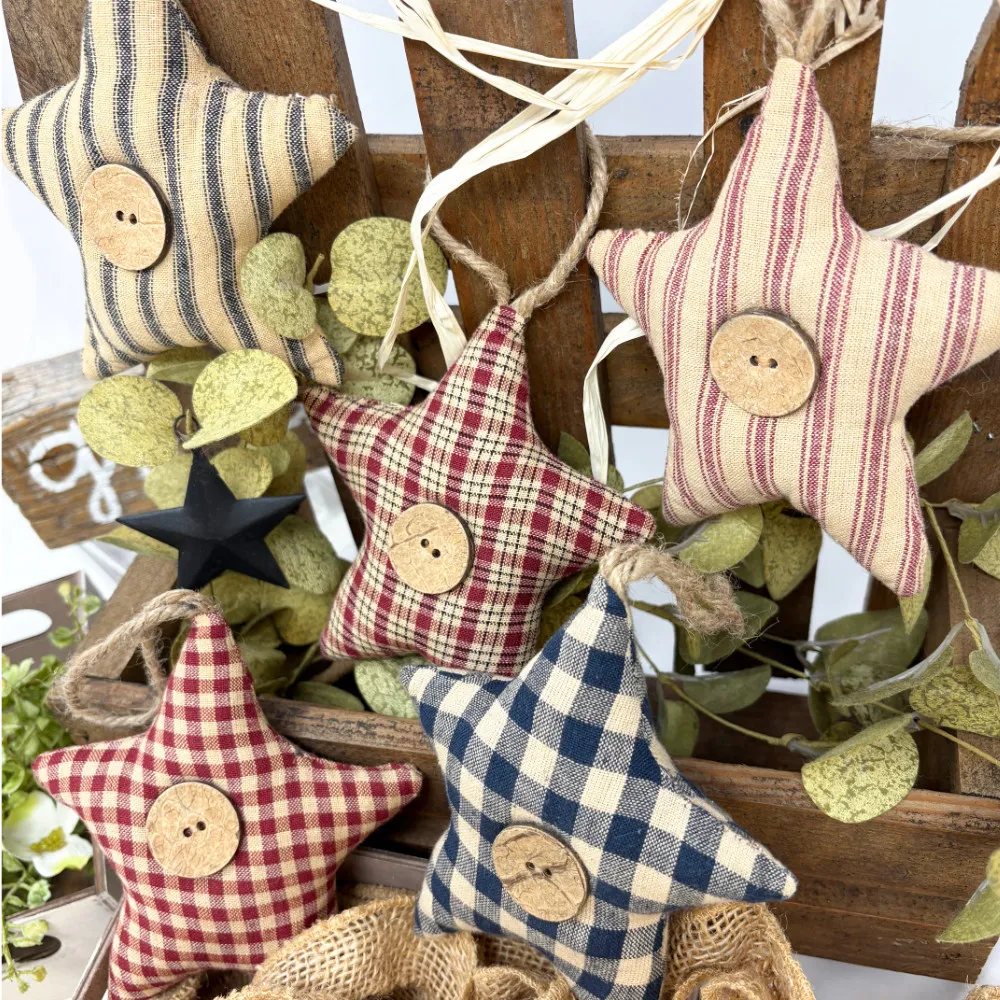 Homespun Fabric Rustic Star Christmas Ornaments - Set of 5 -by Marilee Home - Jubilee Fabric