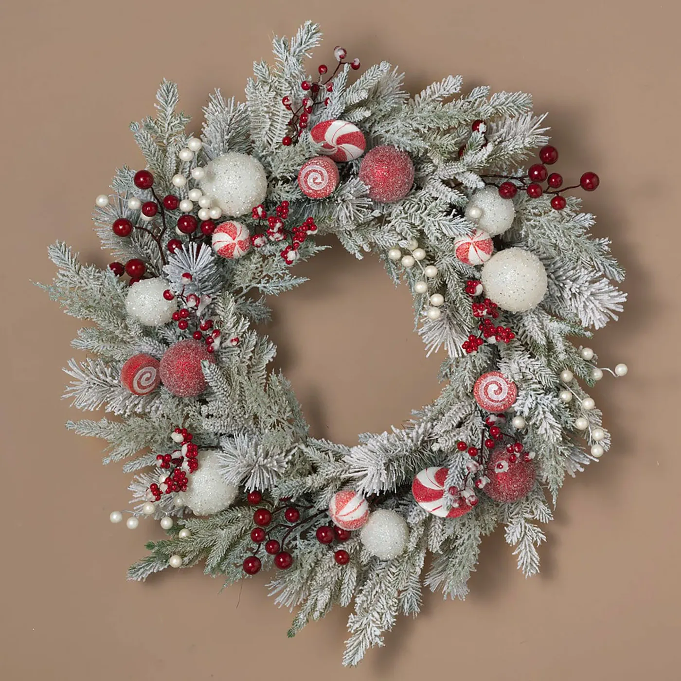 Iced Peppermint Flocked Faux Pine Winter Holiday Ornament Wreath
