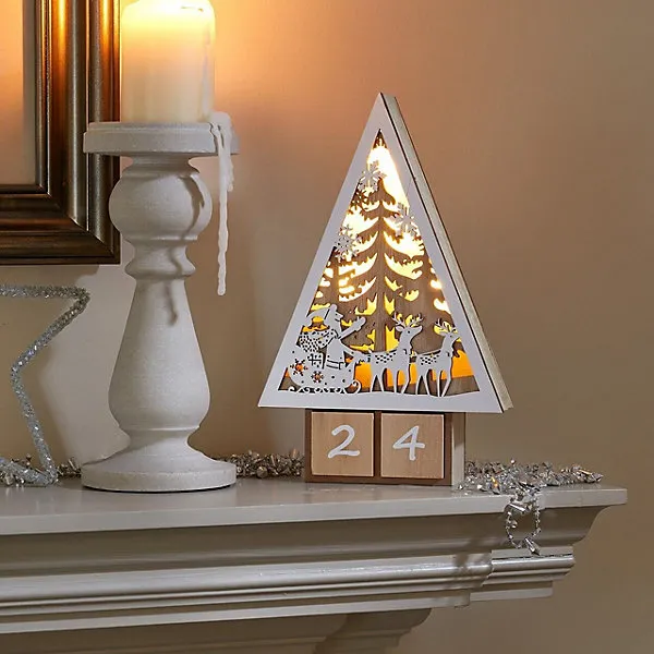 InLit Winter Wonderland Christmas Countdown Ornament - Illuminated Festive  Xmas Wooden Advent Decoration with Cut Out Sleigh Scene