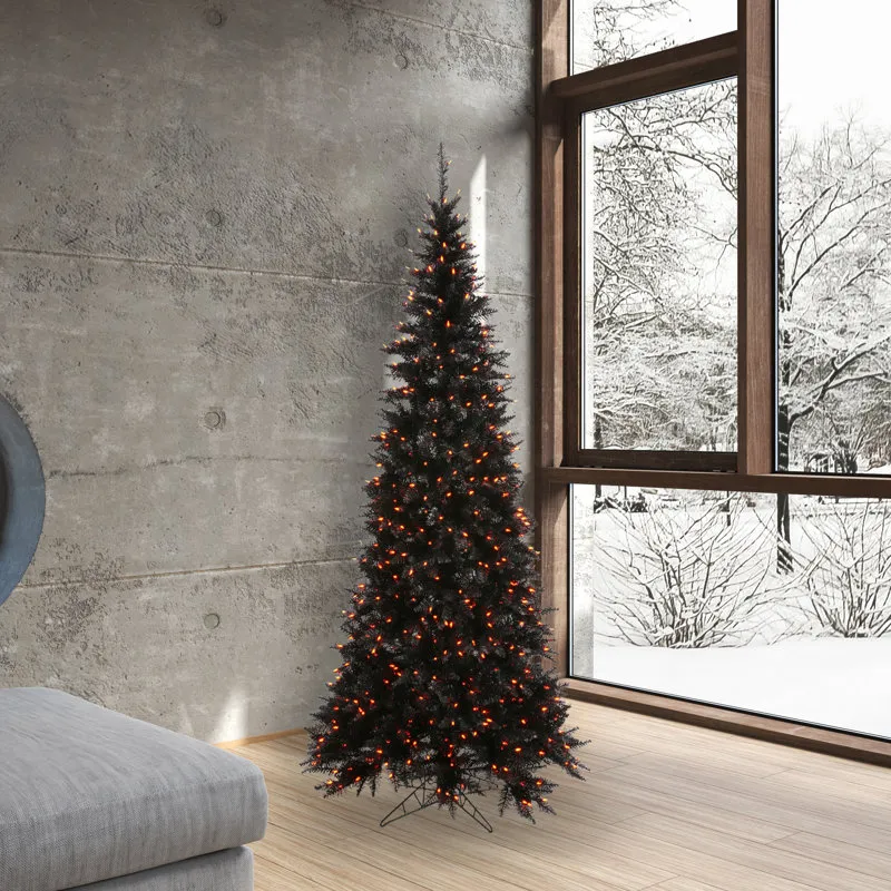 K161956LED Vickerman - 5.5 ft Black Fir Slim Artificial Christmas Tree - Orange LED