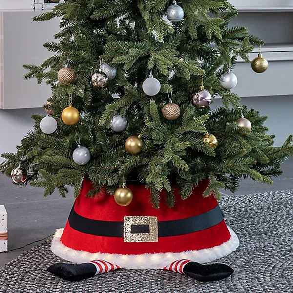 LED Santa Christmas Tree Skirt with Belt Design Red Festive Tree Stand Cover Illuminated Tree Collar