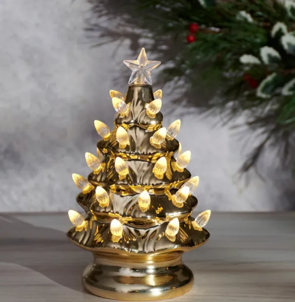 Lighted Gold Ceramic Christmas Tree