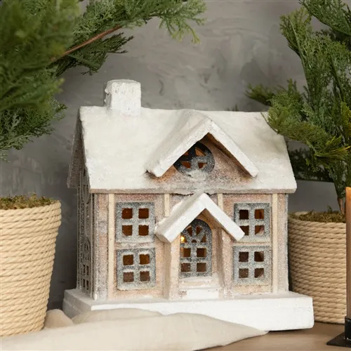 Lighted Snowy Wood Christmas House 10.25'