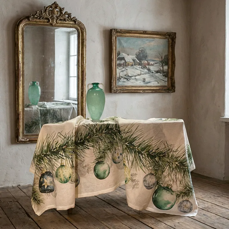Linen Christmas Tablecloth with Baubles | La Bottega di Casa