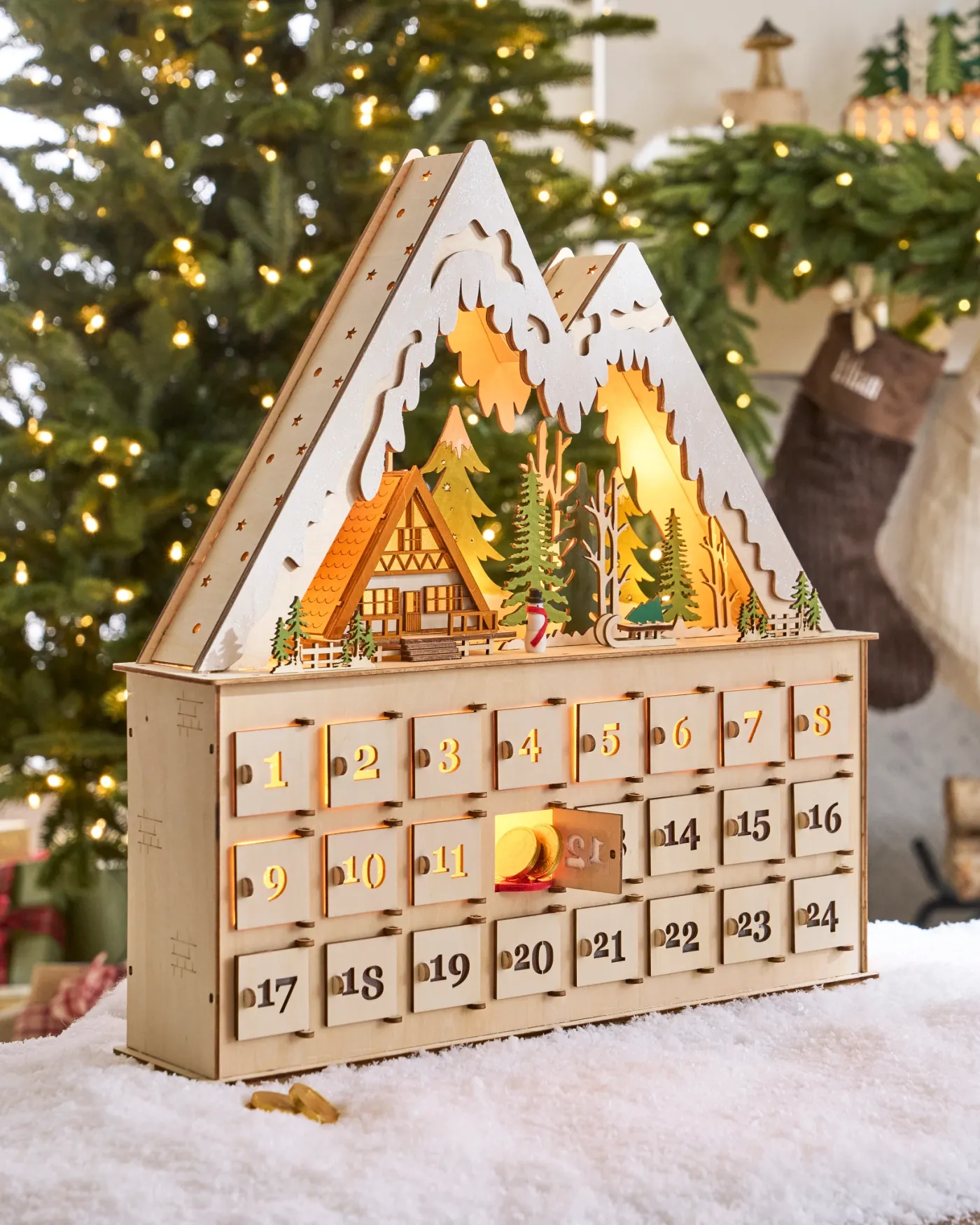 Lit Wooden Snowy Cabin Advent Calendar | Balsam Hill Countdown advent rustic  woodland cabin christmas decor