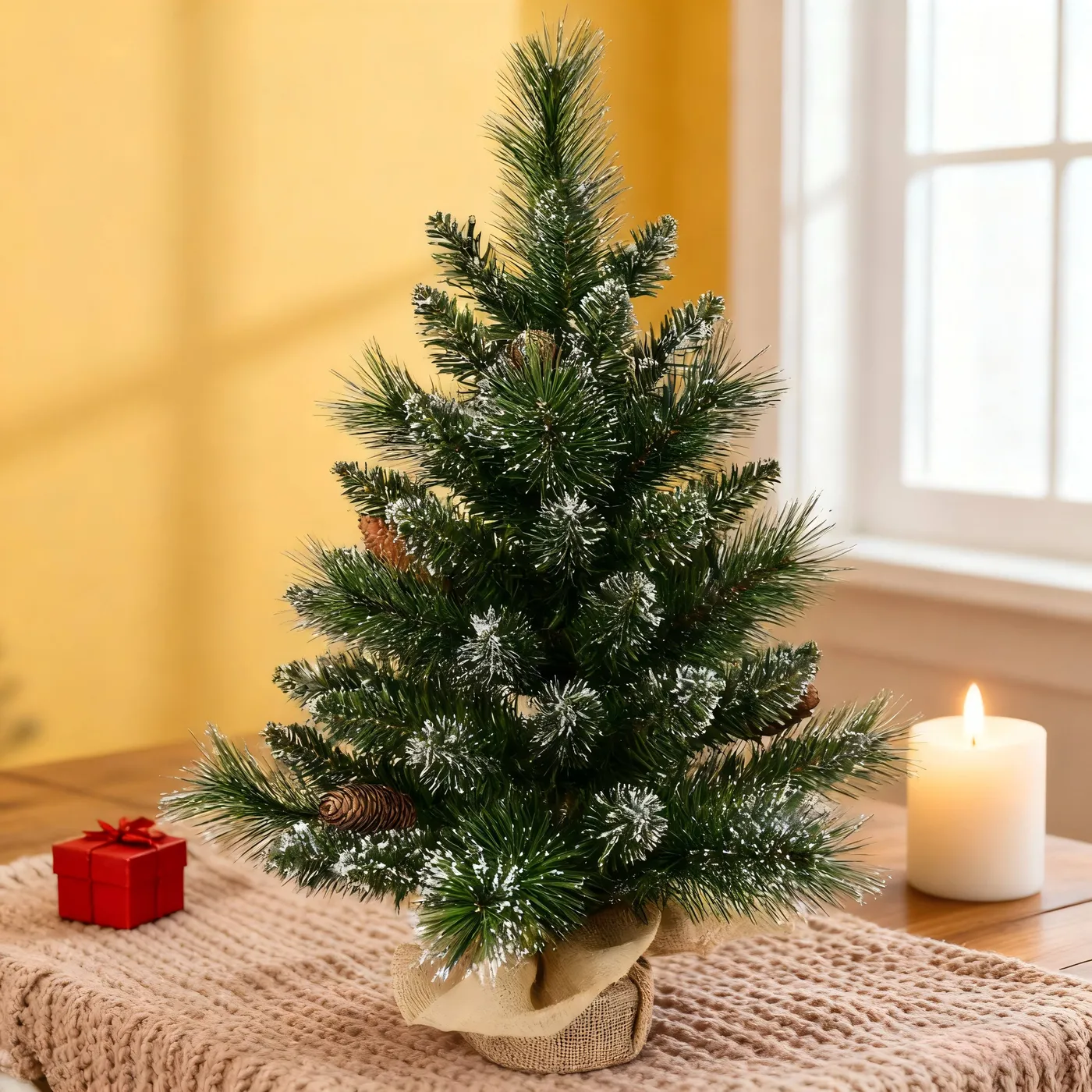 Makeatree Tabletop Christmas Tree 2ft Pre-Lit - Mini Tree with Pine Cone & Burlap Base (CUL-L) - 2ft