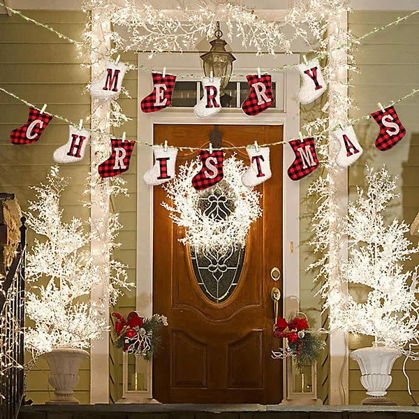 Merry Christmas Banners, Sock Shaped Burlap Banners, RedWhite Plaid, 3 Meters Length Only, 14 Pieces, Indoor/