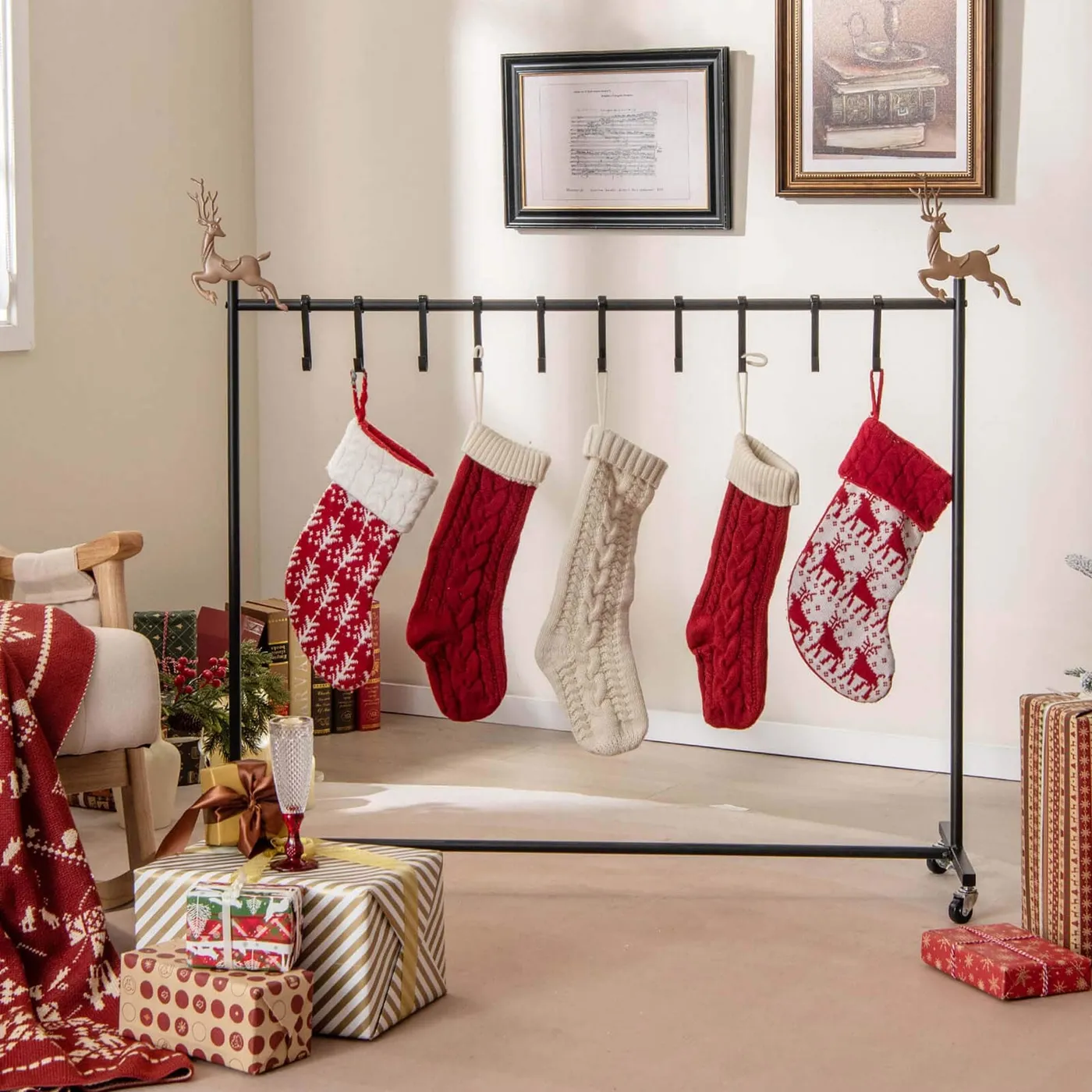 Metal Impressive Christmas Stocking Holder Stand + 10Hook Top-tier On Wheels