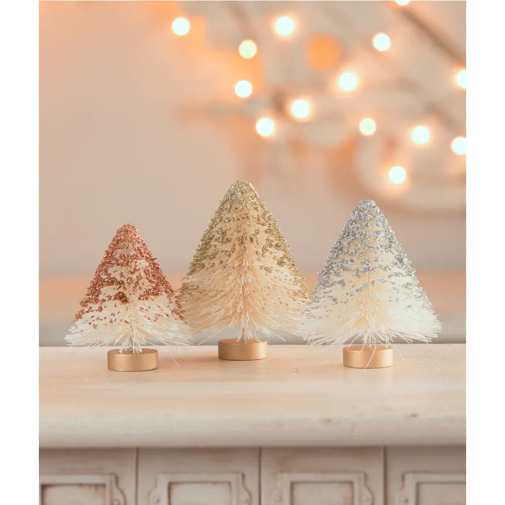 Metallic Mini Bottle Brush Trees S3 - platinum & ivory | Bethany Lowe Designs