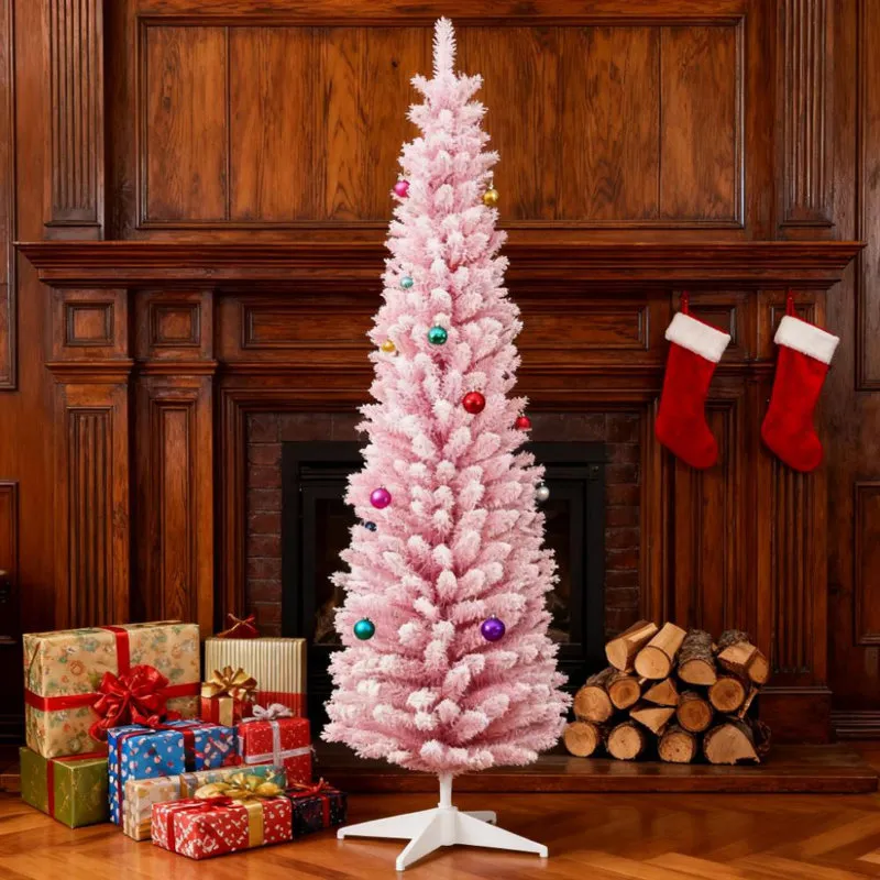 Modern Flocked Pencil Christmas Tree East Urban Home Realistic Snow Flocked  Christmas Trees, Pink Metal Structure, Modern Pencil Style For Home Wayfair