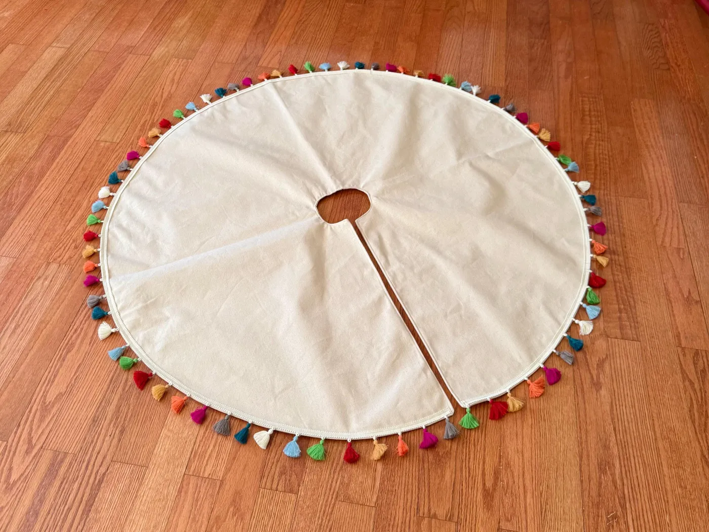 Natural Duck Canvas Christmas Tree Skirt with Bright Multi-Colored Tassel Trim- 42, 52 or 60- Colorful Kid's Handprint DIY Tree Skirt