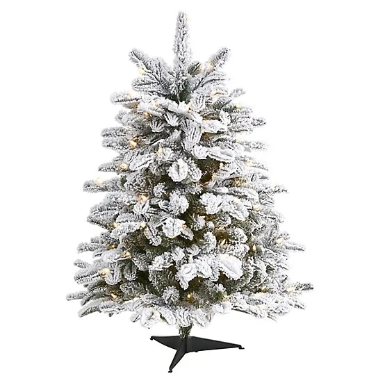 Nearly Natural 3 ft. Flocked North Carolina Fir Artificial Christmas Tree with 150 Warm White Lights & 545 Bendable Branche