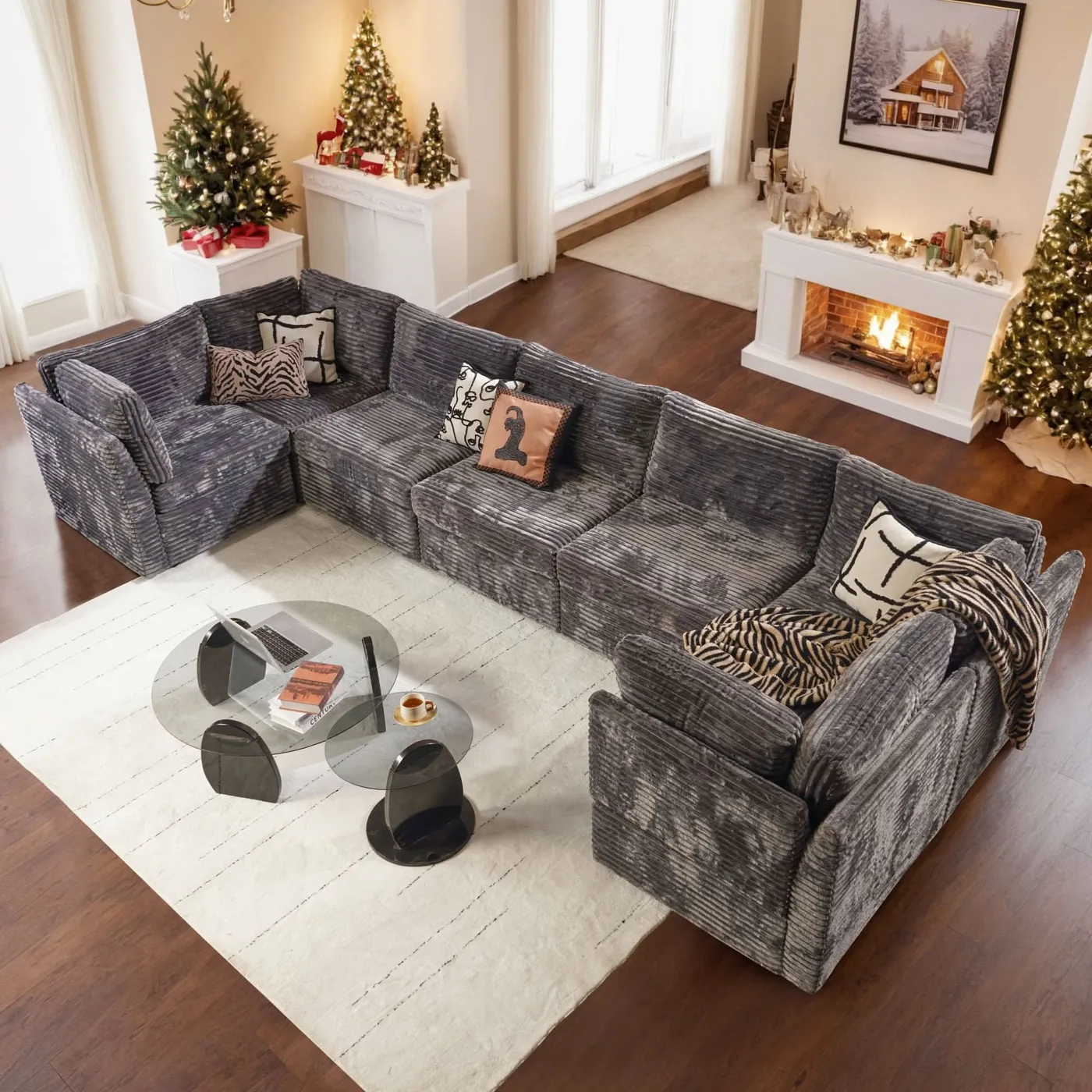 OVIOS 130.7' Modular Sectional Sofa Couch, U-Shaped Minimalist Couches with Oversized Chaise Grey Corduroy C