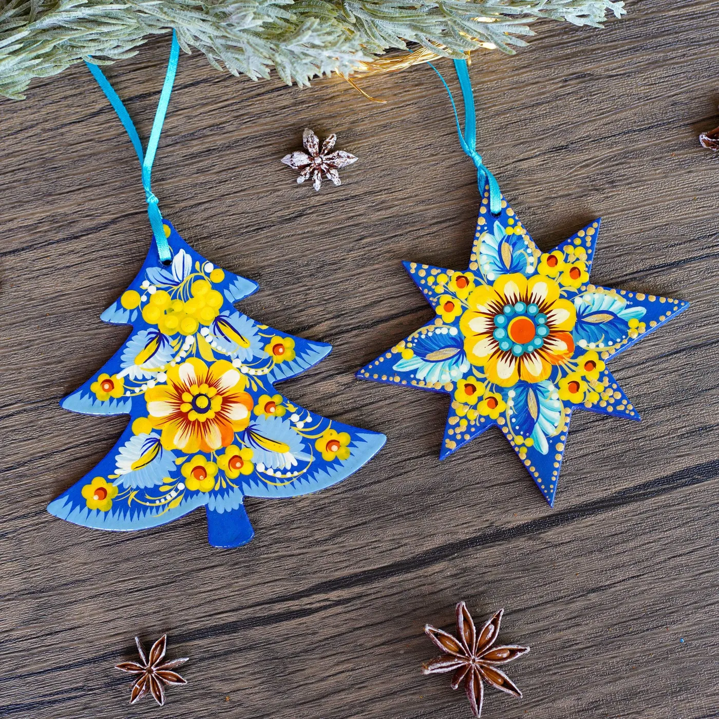 Paper Ukrainian Christmas Ornaments Hand-Painted Ukrainian Wooden Christmas Ornament Set Star Tree