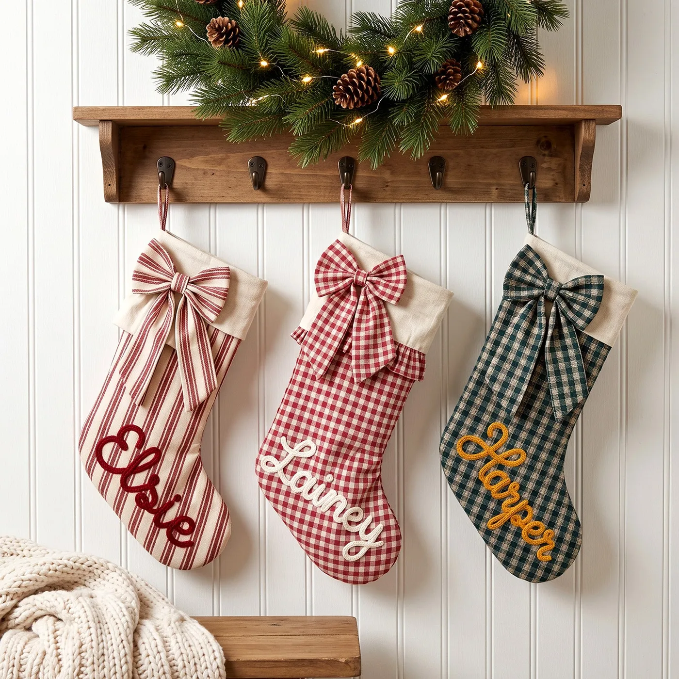 Personalized Bow Christmas Stocking – Embroidered Name – KnittyBaby