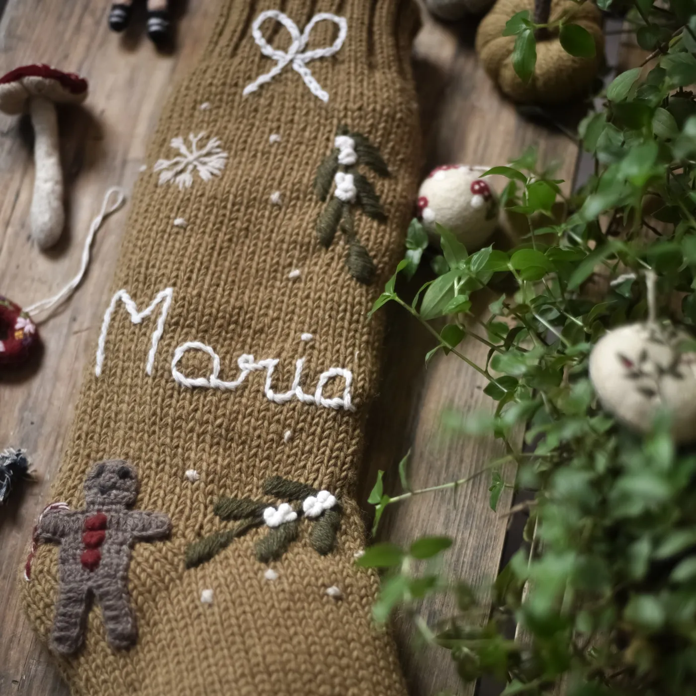 Personalized Gingerbread Stocking – Honeycomb, Hand-Embroidered