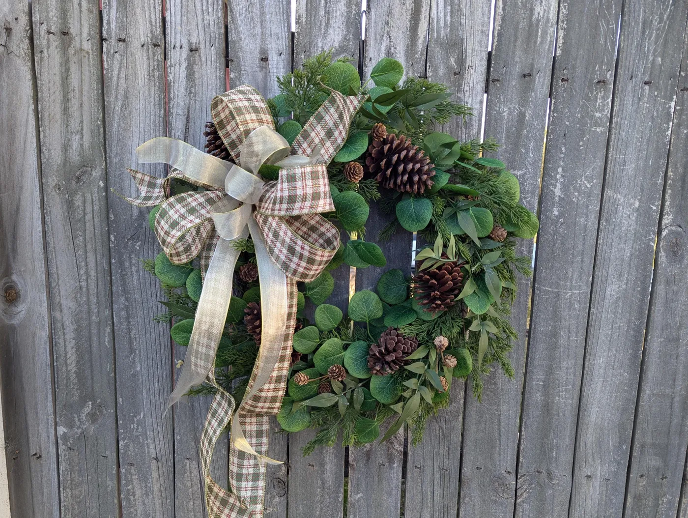 Pinecone Eucalyptus Christmas Wreath, Green Plaid Bow, Winter Door Decor