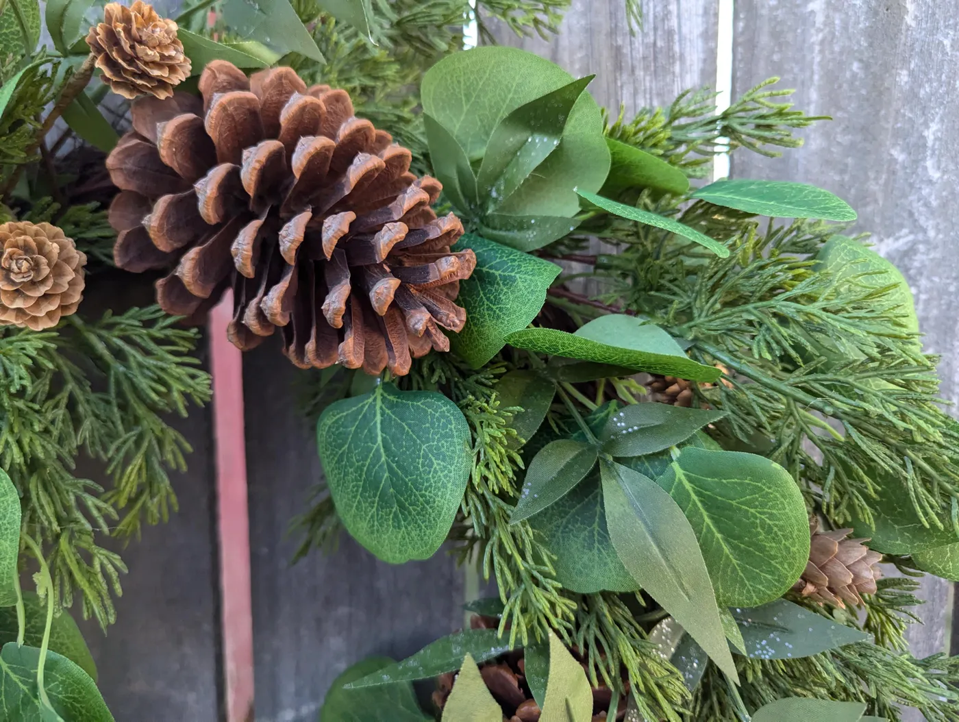 Pinecone Eucalyptus Christmas Wreath, Green Plaid Bow, Winter Door Decor