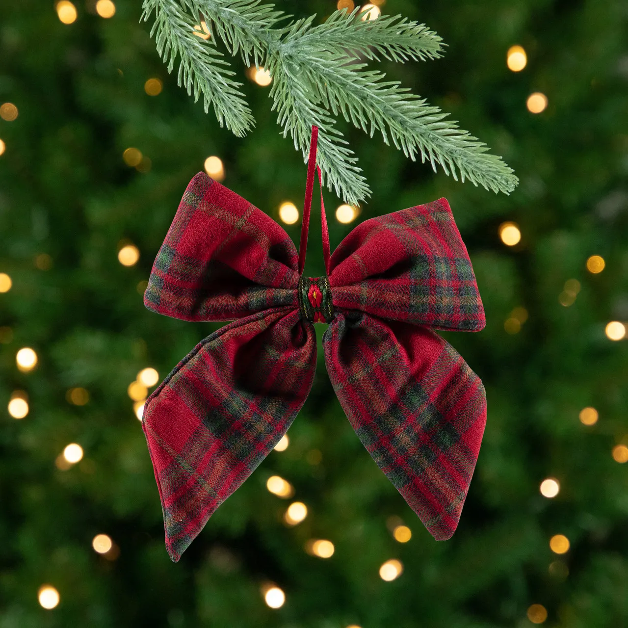 Plush Plaid Bow Christmas Ornaments - 7.5' - Set of 4 | Christmas