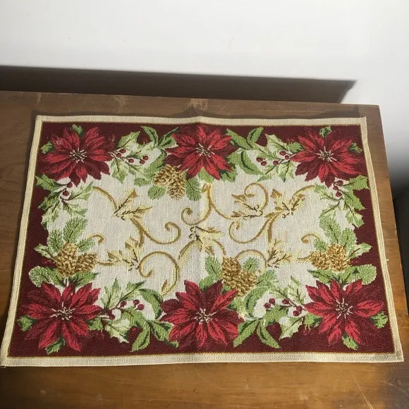 Poinsettia Christmas Table Runner: Holiday Decor. Quilted Poinsettia canvas  long table runner with 10 placemats Christmas