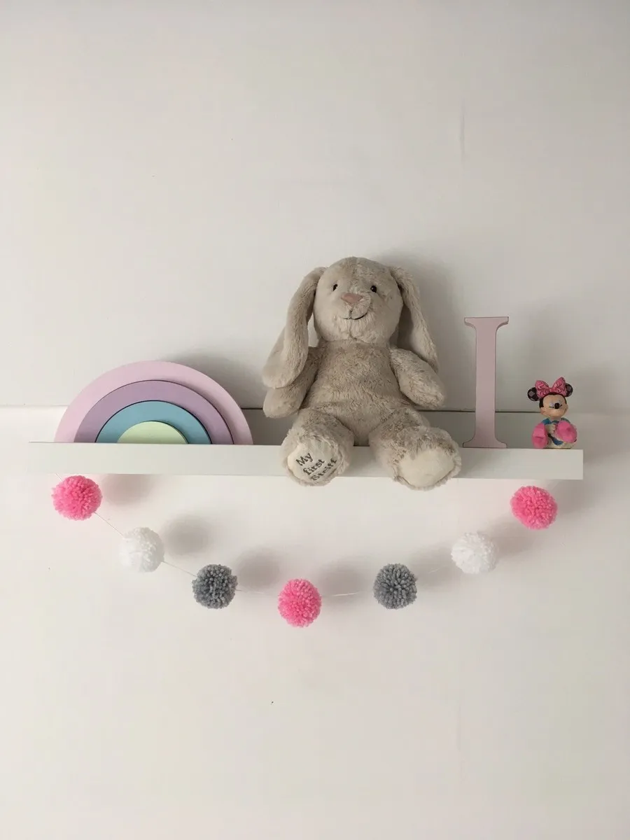 Pom Pom Garland Wool Handmade | Pink Grey White Nursery Decor Baby Girl Bunting