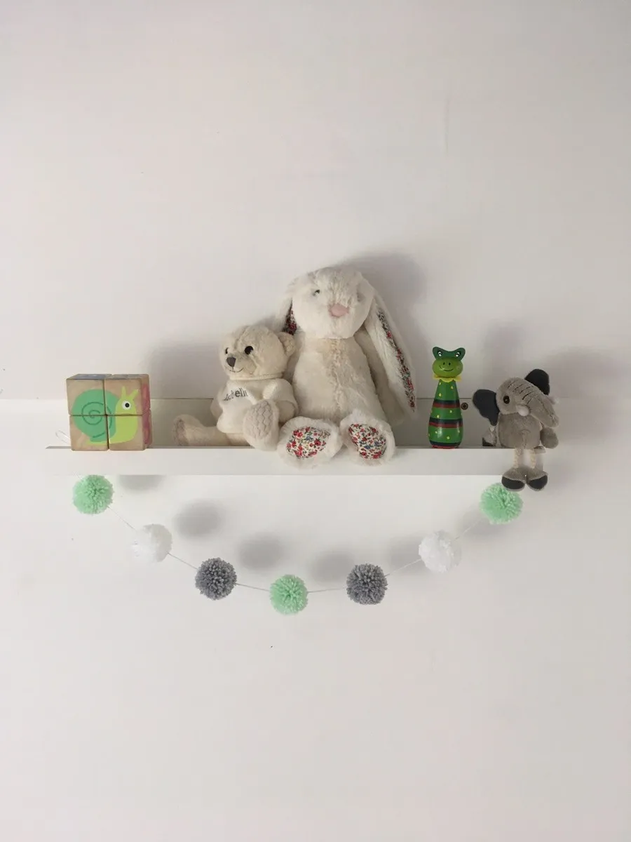 Pom Pom Garland Wool | Mint Green White Grey | Nursery Decor | New Baby Boy Room