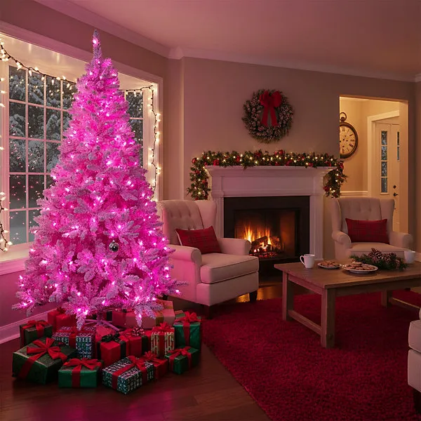 Pre-Lit Pink Flocked Christmas Tree - 730 Tips with 240 LED Lights, Snowy  Finish