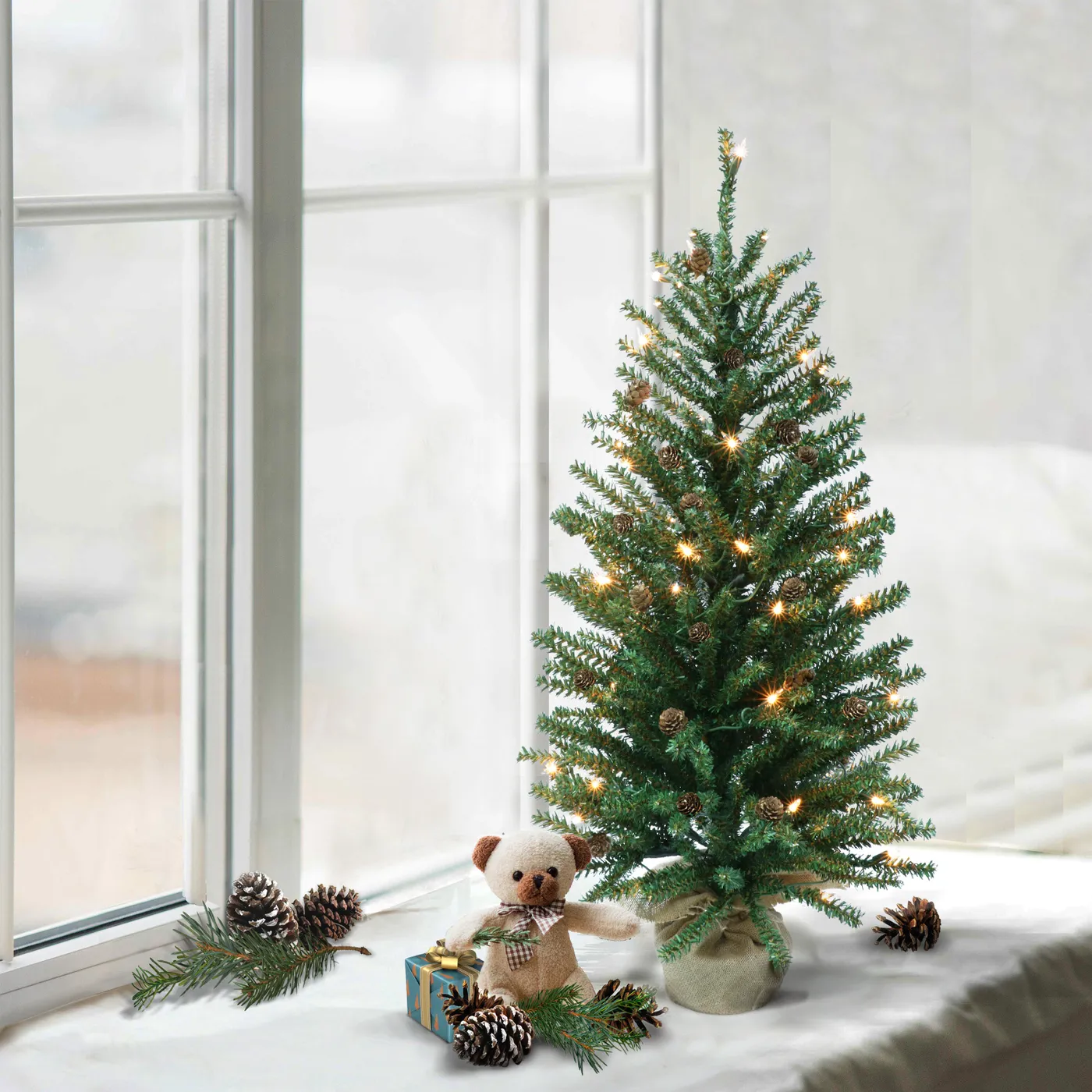 Puleo International Pre-Lit 3' Fir Artificial Christmas Tree with Pines Cones and 50 Lights, Green