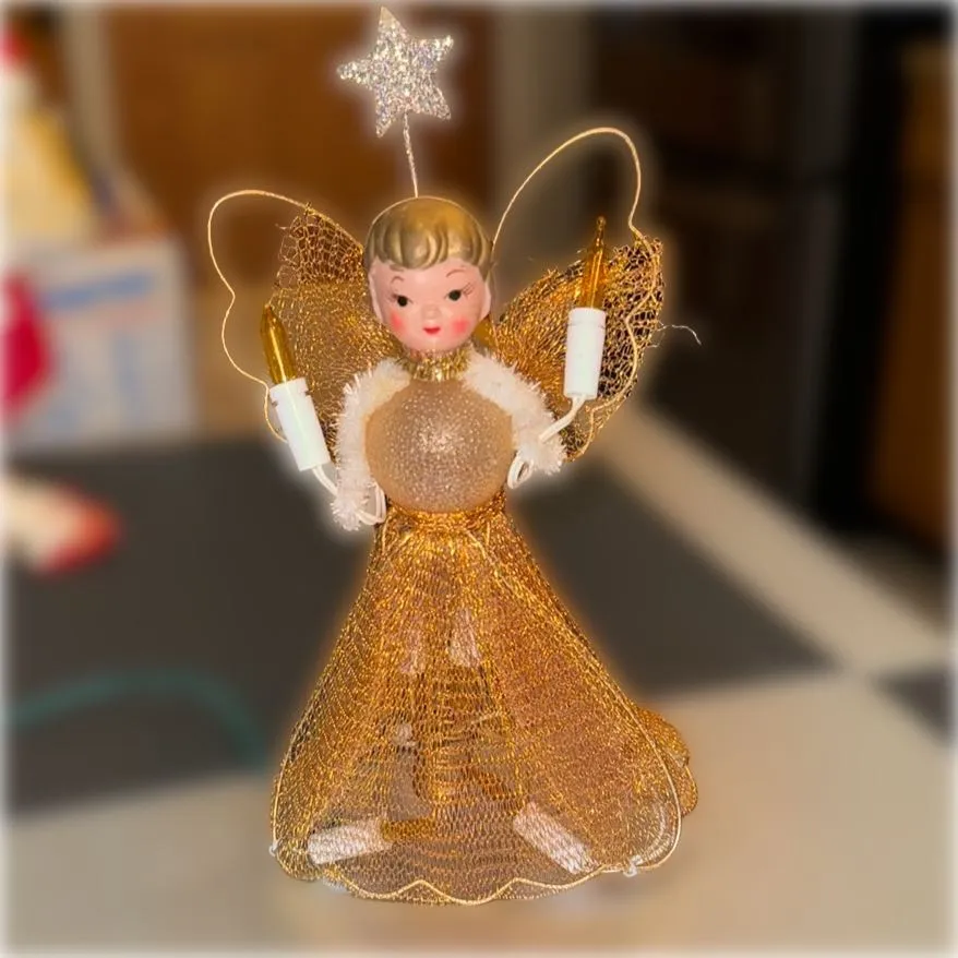 Rare Vintage 1950's Mesh Gold Angel Tree Topper Small Tree Blow Mold Face