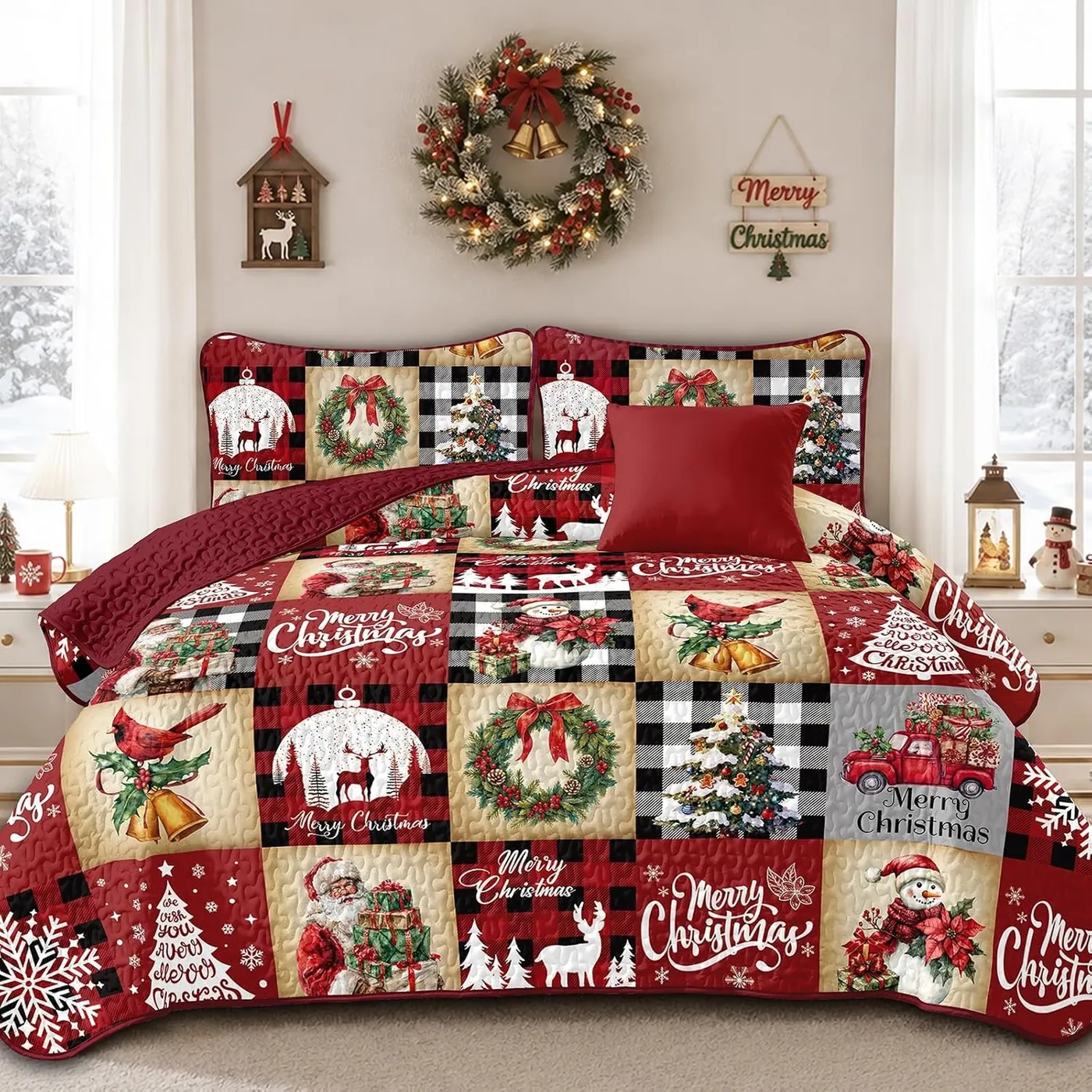 Red and Black Buffalo Plaid Christmas Patchwork Quilt Set – Varloi