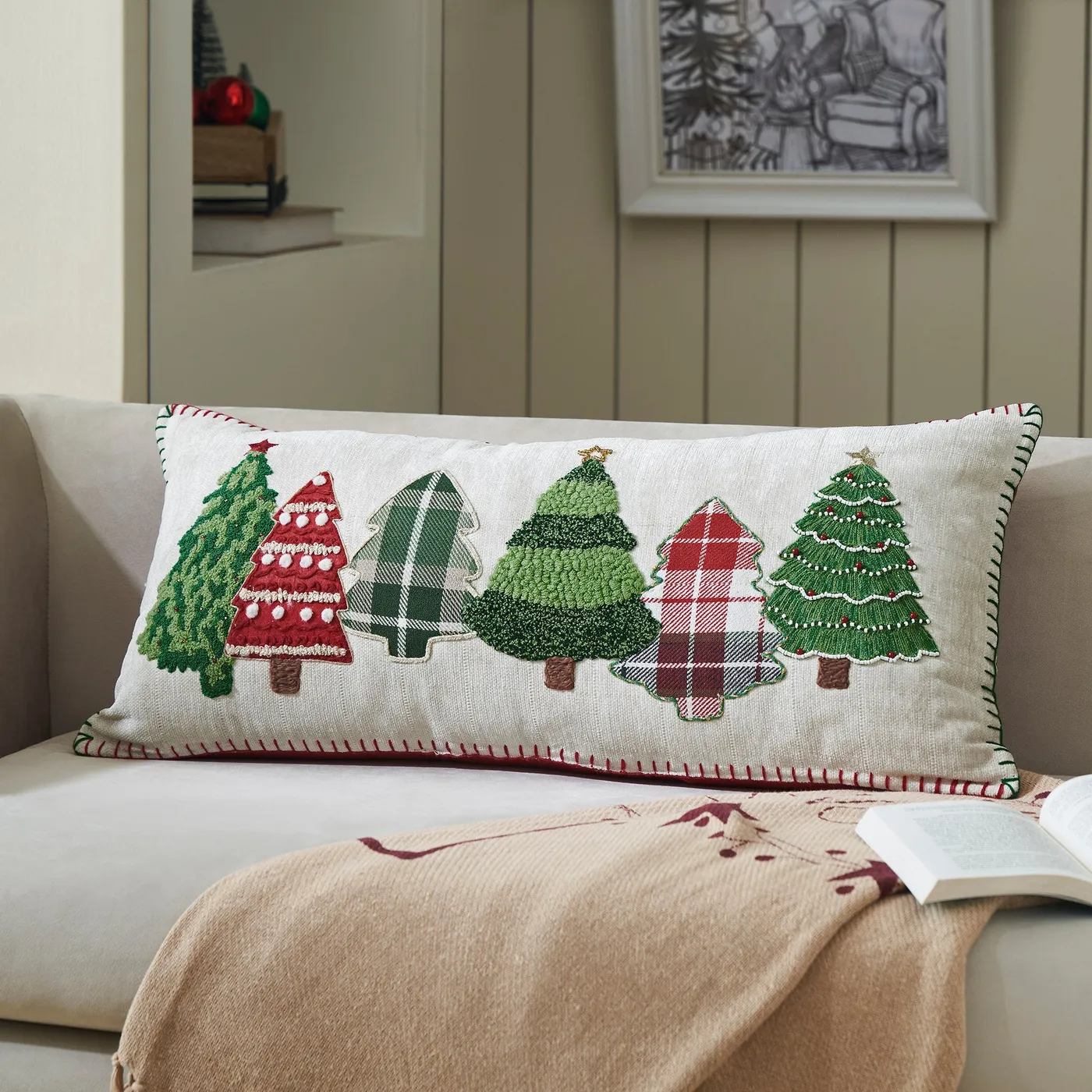 Red and Green Applique Tree Pillow