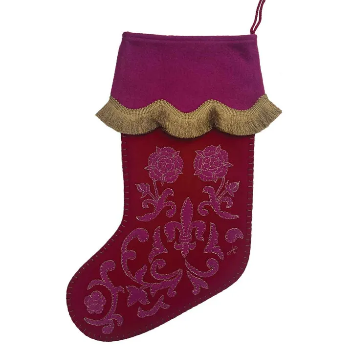 Red and Pink Wool Christmas Stocking With Tudor Rose Appliqué | Jan  Constantine