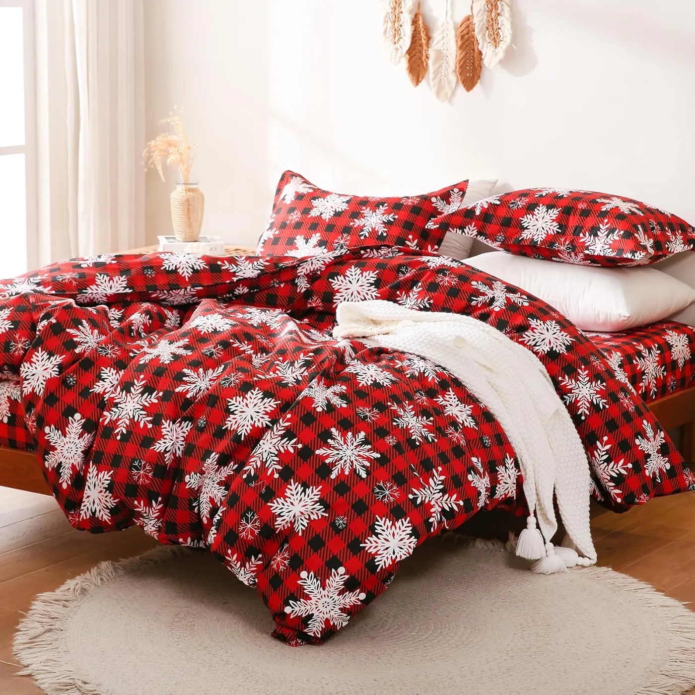Red Buffalo Plaid Snowflakes Printed Duvet Cover Set Queen Size, 3 Piece  Soft Model:CXN1658 67 Inch Height – www.reuniontower.com