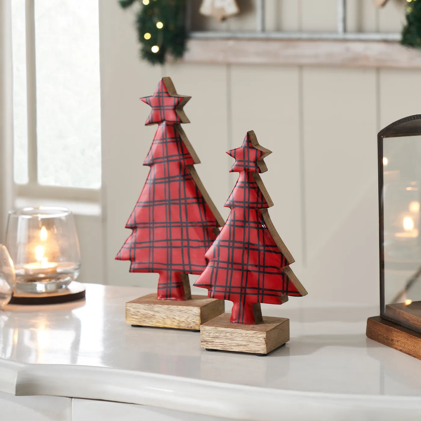 Red Plaid Natural Wooden Tree Set of 2 - 8x4.5x2.25/9.75x5.5x2.25 – VHC Brands Home Decor
