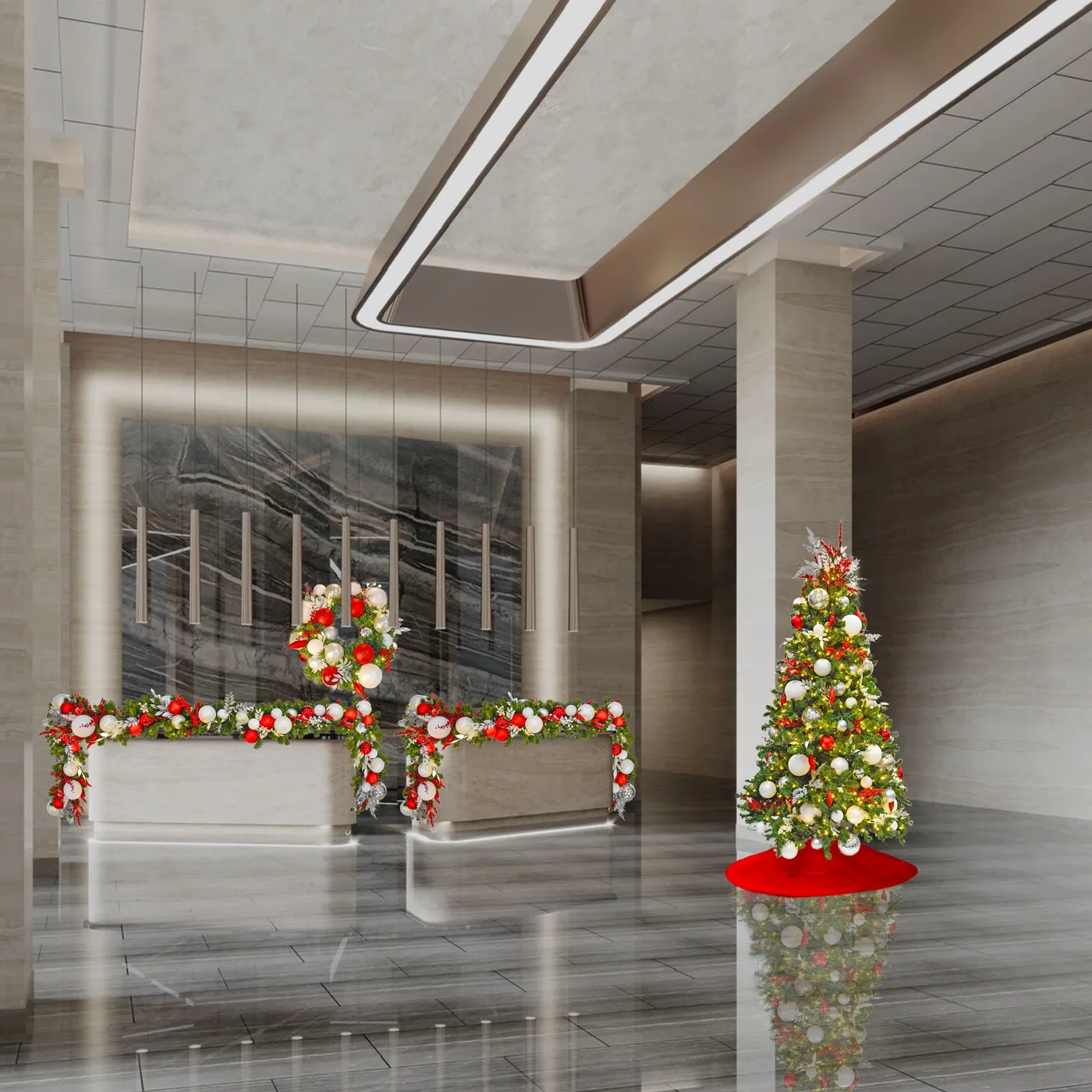 Red, Silver, and White Pre-Decorated Christmas Tree | Peppermint Perfection
