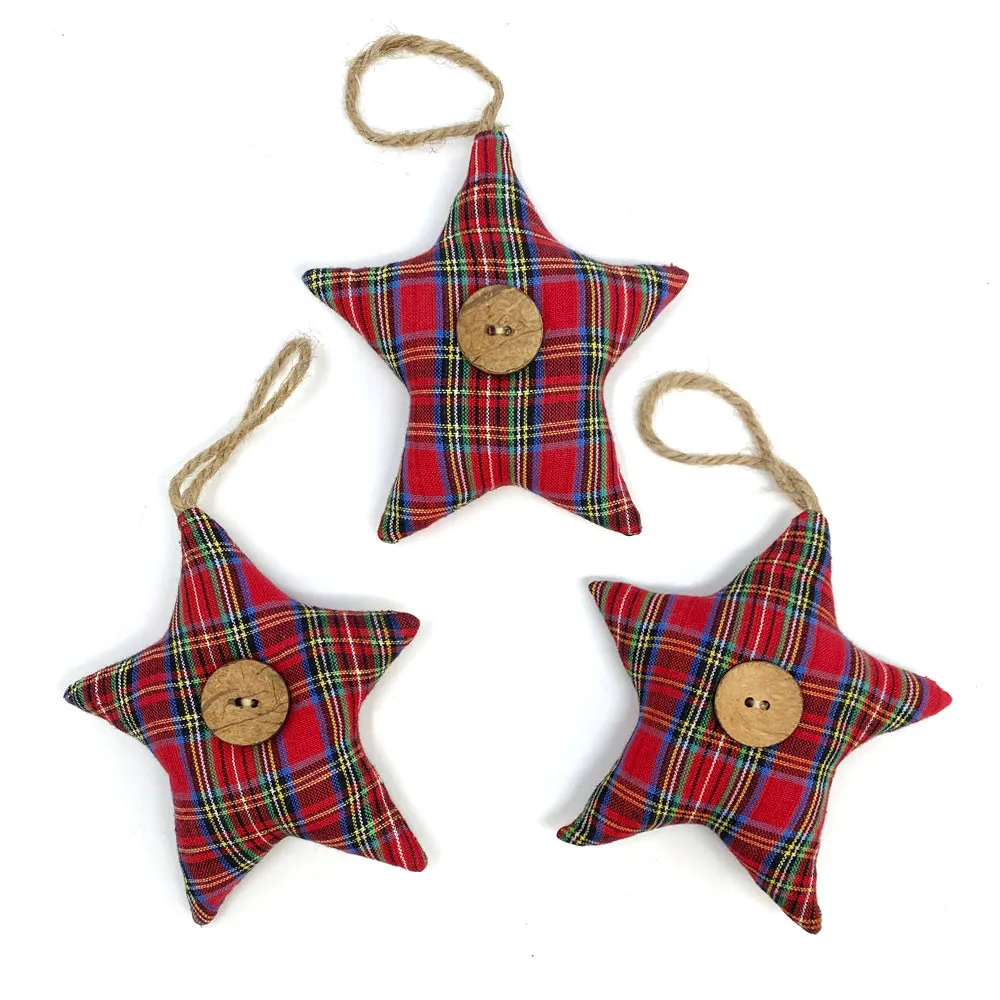 Red Tartan Homespun Fabric Star Christmas Ornaments - Set of 3 - by Marilee Home - Jubilee Fabric
