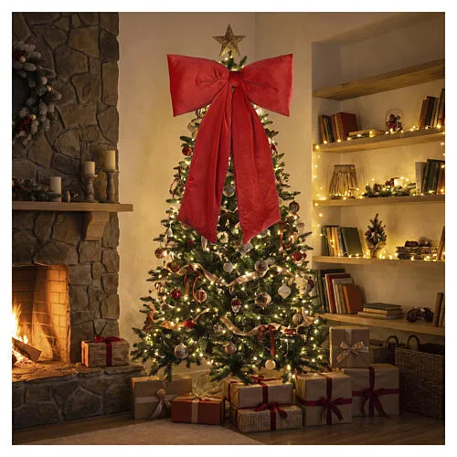 Red velvet-effect Christmas bow with decorative tails 115x80x15 cm