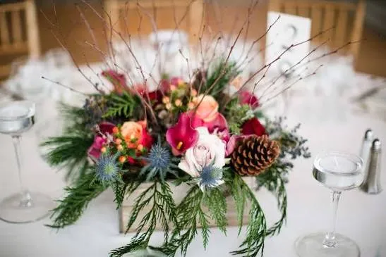 Rose, Calla Lily and Pinecone Centerpiece