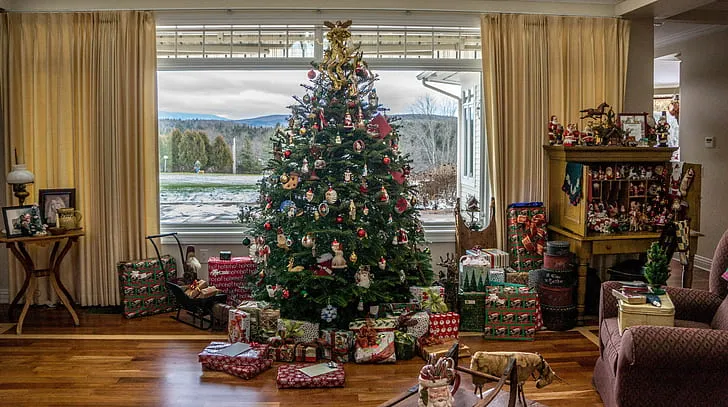 Royalty-Free photo: Green Christmas Tree with gift boxes near glass window  during daytime | PickPik