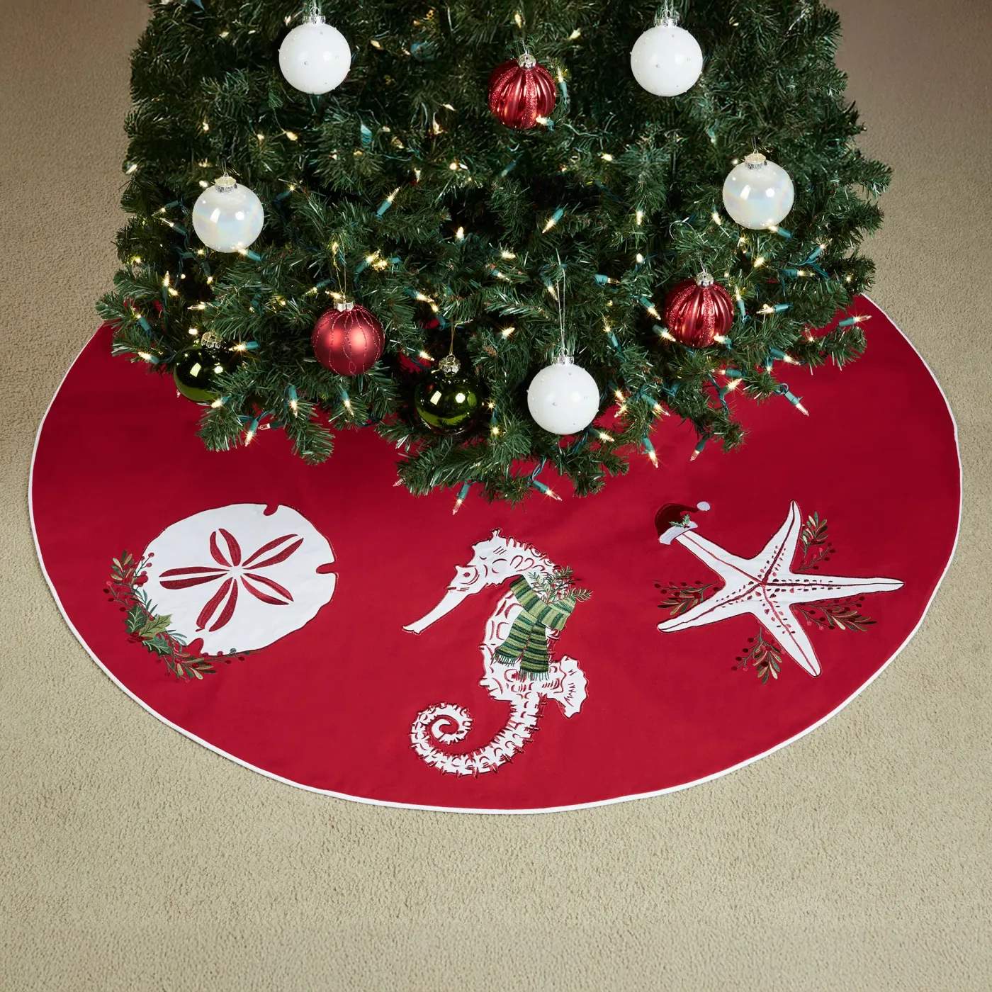 Sea Life Red Coastal Christmas Tree Skirt