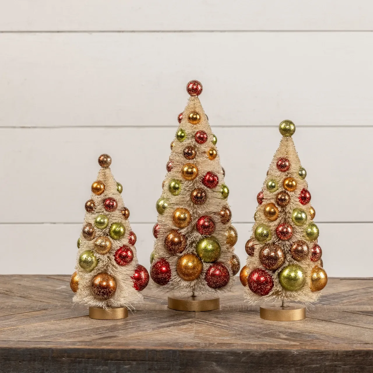 SET/ 3 CREAM BOTTLEBRUSH TREES W/ ASSORTED GOLD GLITTERED BULBS - Ragon House